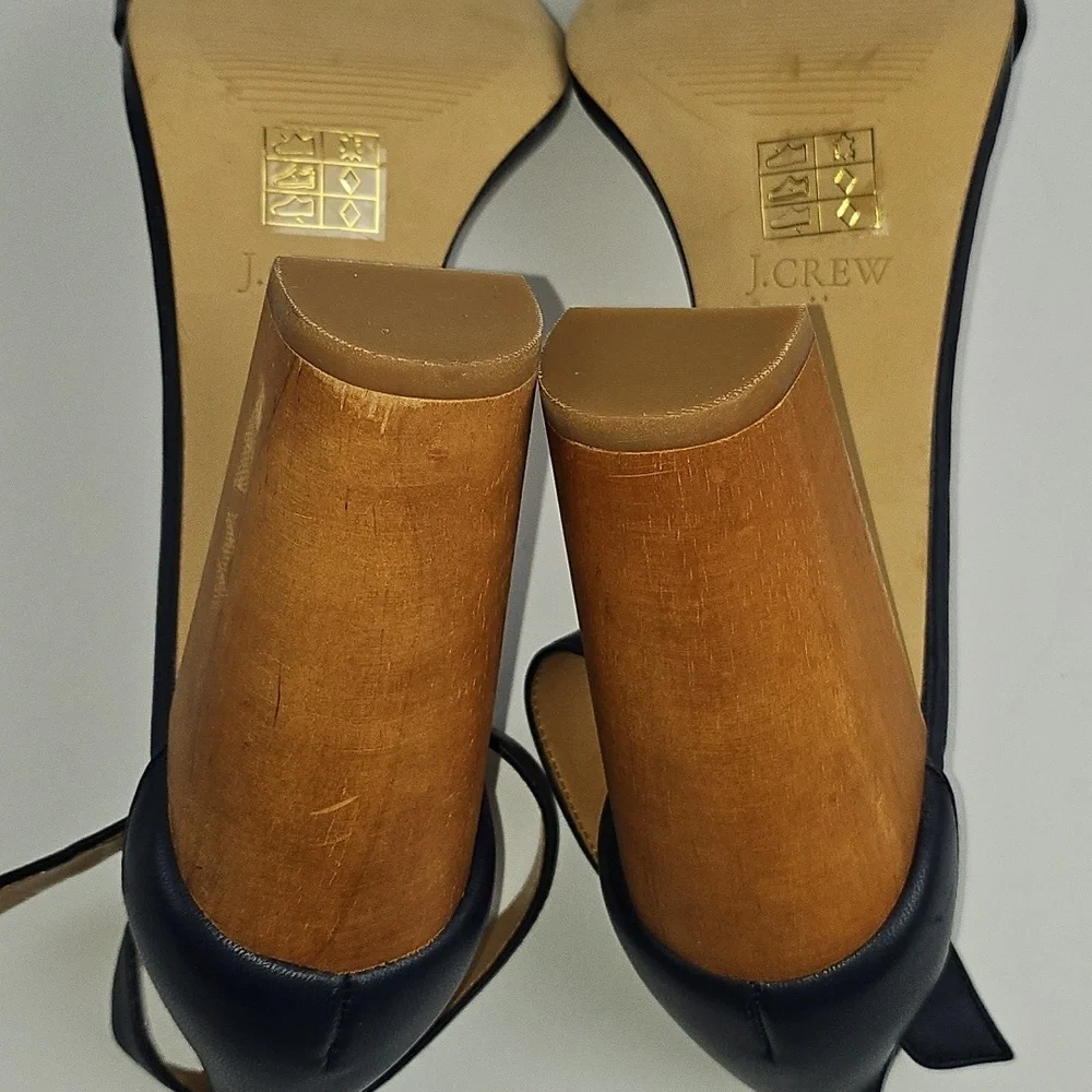 J. Crew Leather Navy Blue Open Toe Ankle Strap Wooden Block Heel Sandal